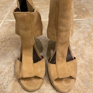 BCBGMaxAzria Tan Suede Open-Toe Wedge Heels